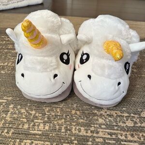 Adult White Unicorn Plush One-Piece Whimsical Slippers with Gold Horn